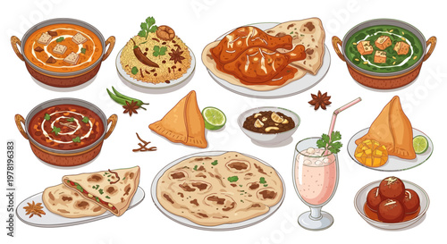 Colorful and Modern Indian Food Dishes Vector Illustration, Abstract Background Digital Art