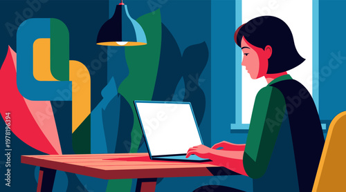 Woman working on laptop at desk near window home office workspace