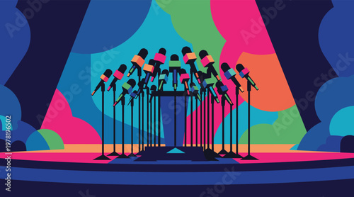 Microphones clustered around podium on colorful stage
