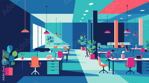 Open plan office space with desks chairs and potted plants