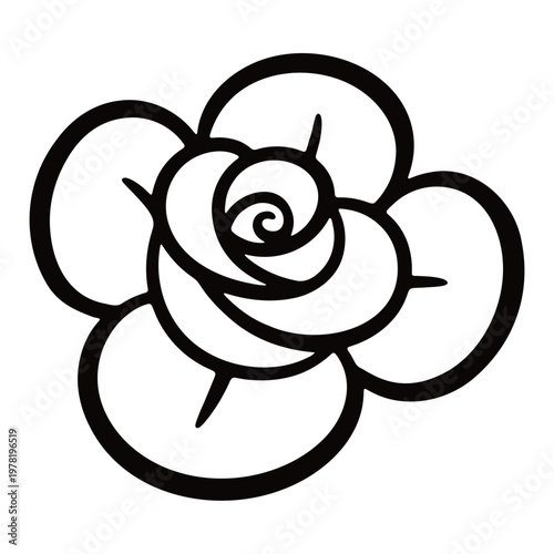 A minimalist black line art rose icon on a white background