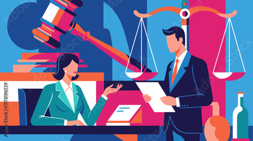 Lawyers discussing case beside scales and gavel in office