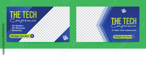 Professional video thumbnail and web banner templates featuring bold typography, geometric blue overlays, and transparent image placeholders for tech workshops and networking events.