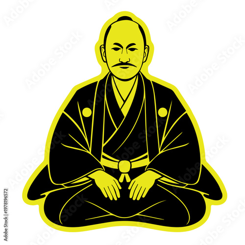 A serene samurai sits in meditation wearing a traditional Japanese kimono