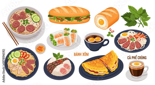 Colorful modern vector illustration of Vietnamese food, abstract digital art with no background