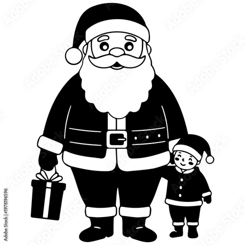 A black and white vector illustration of Santa Claus and a small elf holding a gift