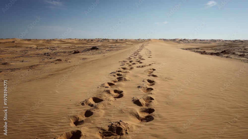 Naklejka premium Footprints etched in the warm sand reveal a remarkable journey across the vast desert landscape, all under a brilliant, clear sky during the daylight hours