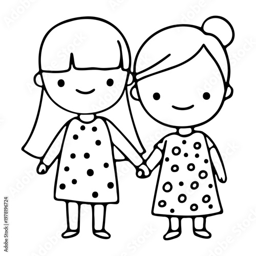 A minimalist line art illustration of two smiling girls holding hands