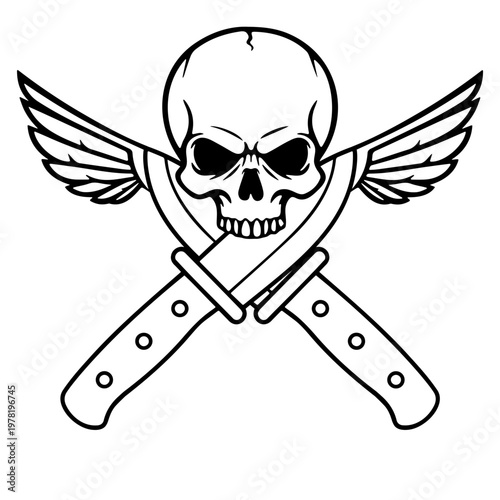 A black and white vector graphic illustration of a skull with wings and crossed knives