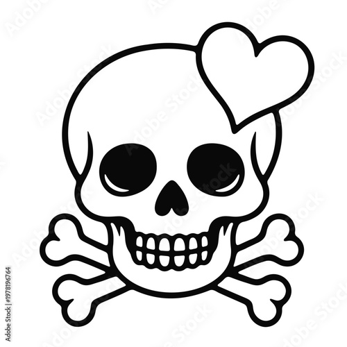 A black and white vector graphic illustration of a skull with a heart on its head and crossbones below