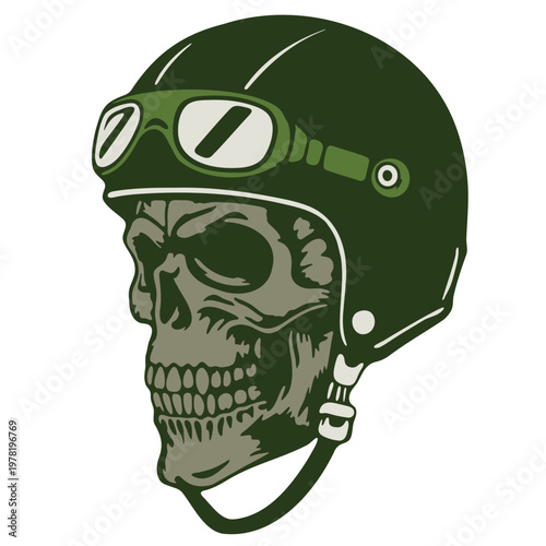 A vector graphic illustration of a skull wearing a motorcycle helmet and goggles