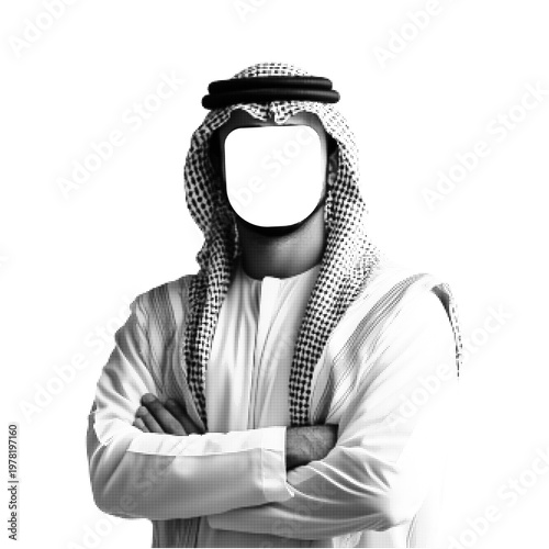 Halftone portrait of Arab man in traditional clothing with blank face area. Vector illustration for identity mockup, avatar placeholder, business profile and cultural concept.