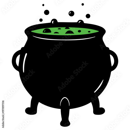 A black cauldron with green liquid and bubbles on a white background