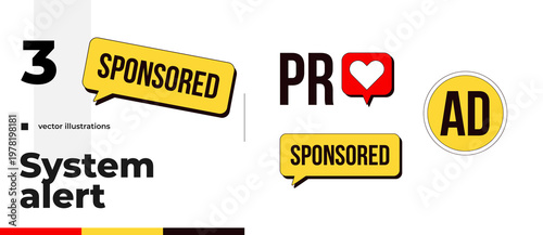 Sponsored and advertising disclosure label overlays pack. PR like. AD icon. Isolated vector signs. Digital media alerts. Attention elements. Graphic illustration set with text. Platform messages