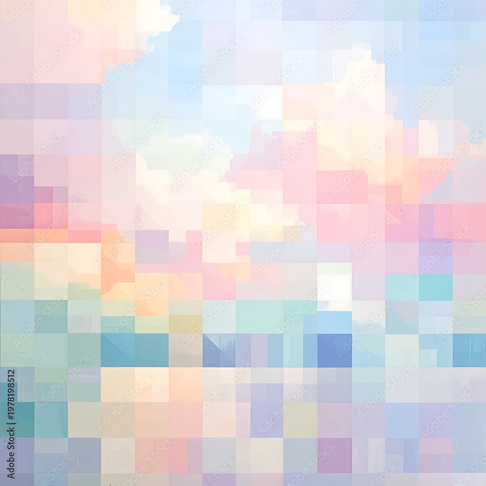 Fototapeta premium A pixelated landscape with pastel-colored sky and clouds