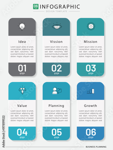 Business infographic template. 6 Step timeline journey. Process diagram, 6 options on white background, Infograph elements vector illustration.