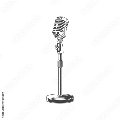 Vintage microphone on a stand isolated on white background