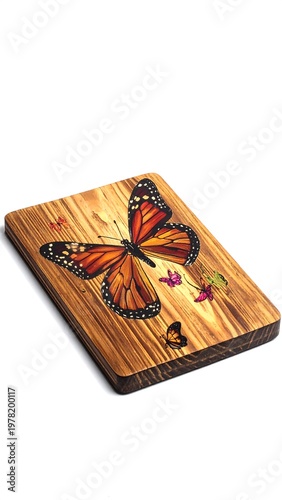 A wooden slab with a painted monarch butterfly and flowers