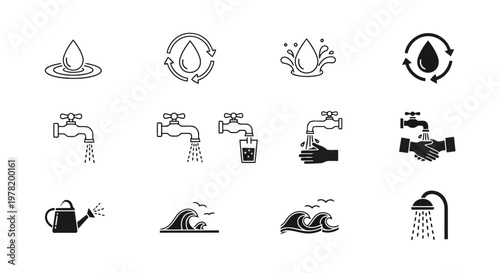 Illustrations of various water conservation and usage icons Vector