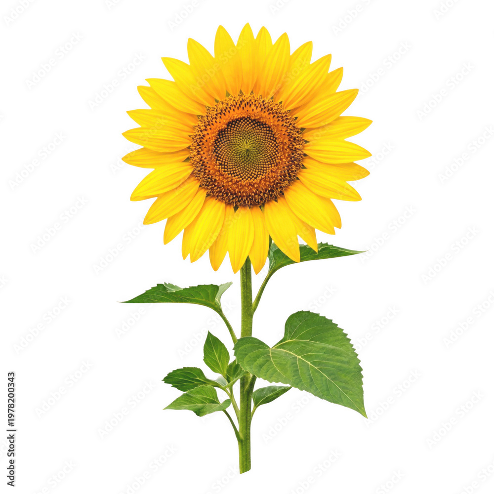 Fototapeta premium Sunflower plant isolated on transparent background yellow bloom with stem and leaves