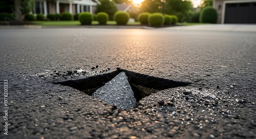 Close up of asphalt road with a sharp edged divot
