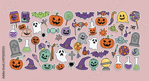 Halloween-themed illustration featuring classic spooky icons and symbols. Vector