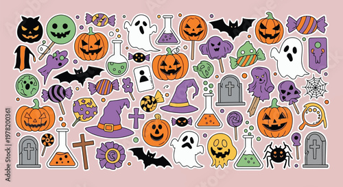 Halloween-themed decorative icons and illustrations collage Vector