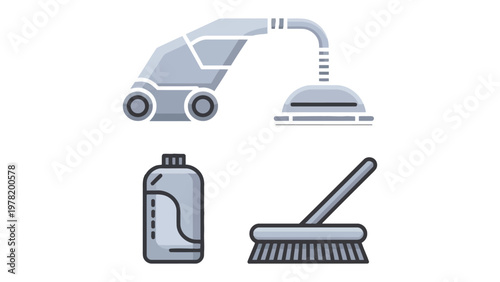 Cleaning Essentials: A collection of cleaning tools, each designed for a specific task and embodying efficiency and cleanliness. The image presents tools ready to create spotless environments