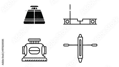 Industrial Icons: Set of detailed vector icons representing industrial elements such as a kayak, diving helmet, and measuring tool. 