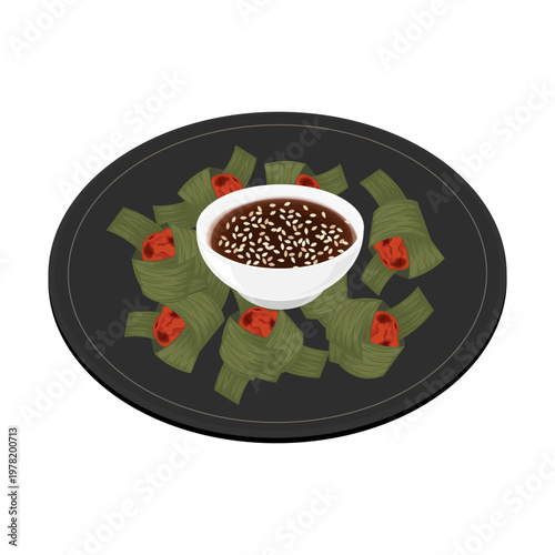 Vector Illustration Logo Clip art Gai Hor Bai Toey or Pandan Chicken with Soy Sauce 