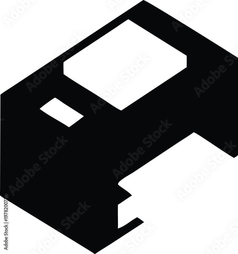 Black silhouette floppy disk icon for retro data storage hardware and vintage computer technology.