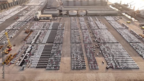 Many new cars running cargo ship, Ro-Ro Ship for import export shipping cars by Vessel Freight forwarding service ship, Logistics transportation dealer shipping Cars Cars Export Terminal at Yokohama