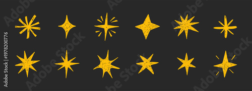 Doodle hand drawn stars crayon yellow sparkles set on blackboard. Scribble texture freehand childlike chalk or pencil drawing sketch. Celestial elements with rough edge 