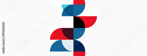 Abstract geometric design. Red, blue, black shapes overlap vertically on white background. Modern minimalist aesthetic. Clean lines, simple forms.