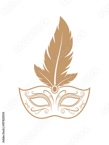 Golden masquerade mask with feather on white background