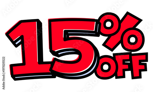 15%OFFの文字パーツ。黒太フチと赤文字のポップなセールロゴ。背景透過で使いやすい素材