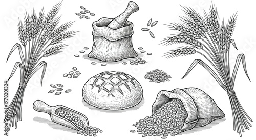 Vintage illustration of various mushrooms and fungi growing in a forest setting