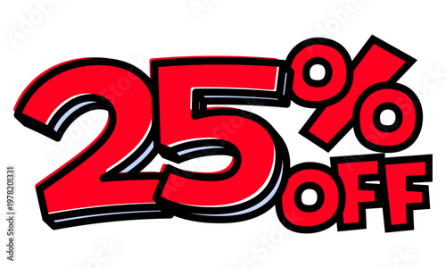 25%OFFの文字パーツ。黒太フチと赤文字のポップなセールロゴ。背景透過で使いやすい素材