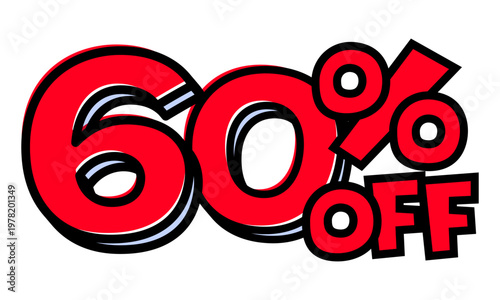 60%OFFの文字パーツ。黒太フチと赤文字のポップなセールロゴ。背景透過で使いやすい素材