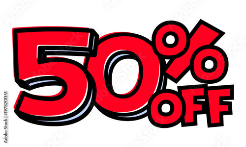 50%OFFの文字パーツ。黒太フチと赤文字のポップなセールロゴ。背景透過で使いやすい素材