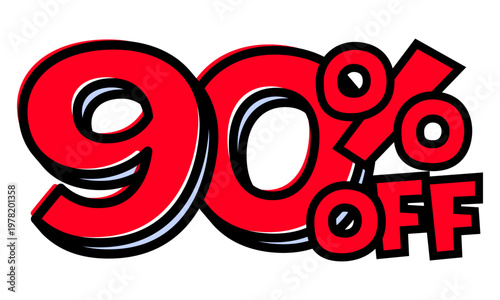 90%OFFの文字パーツ。黒太フチと赤文字のポップなセールロゴ。背景透過で使いやすい素材