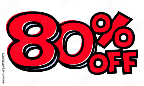 80%OFFの文字パーツ。黒太フチと赤文字のポップなセールロゴ。背景透過で使いやすい素材