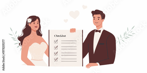 Couple reviewing a wedding checklist preparing for their special day