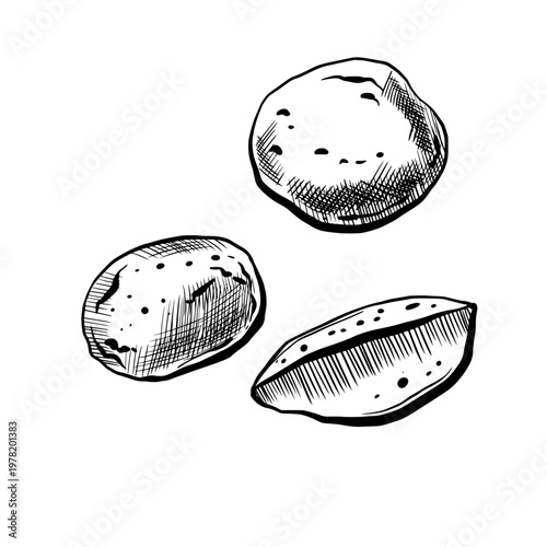 Potato set in minimalist black and white vector line art. Whole tubers and wedge slice for artisanal food packaging, rustic farm market branding, home cooking menu and organic vegetable graphics