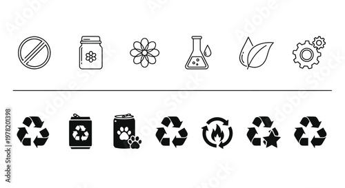 Collection of recycling and waste management icons representing various materials and actions