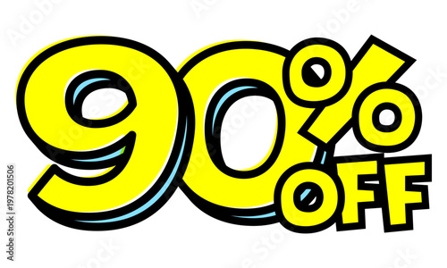 90%OFFの文字パーツ。黒太フチと黄色文字のポップなセールロゴ。背景透過で使いやすい素材