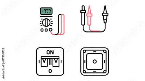 Electrical Components: A collection of essential electrical components, including a multimeter, electrical probes, a switch, and a power outlet, presented in a clean and illustrative style.