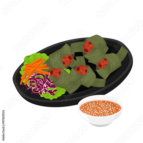 Vector Illustration Logo Clip art Gai Haw Bai Toey or Gai Hor Bai Toey with Bangkok Sauce