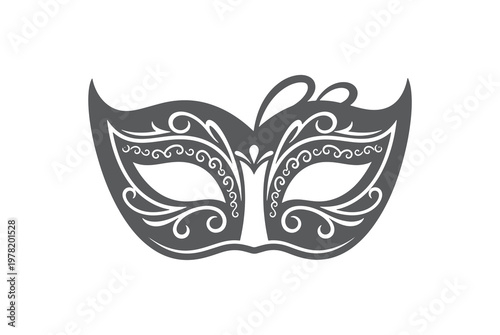 Gray masquerade mask with white swirling designs on white background