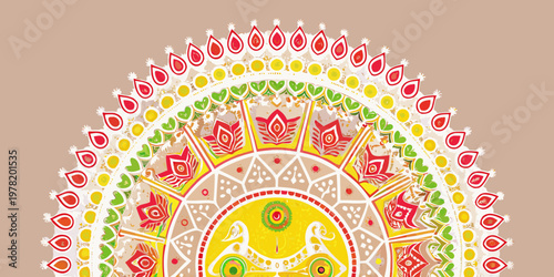 Colorful ornate mandala featuring depictions of elephants and floral patterns